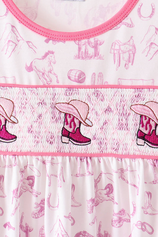 Pink Cowboy boots Smocked Pants Set