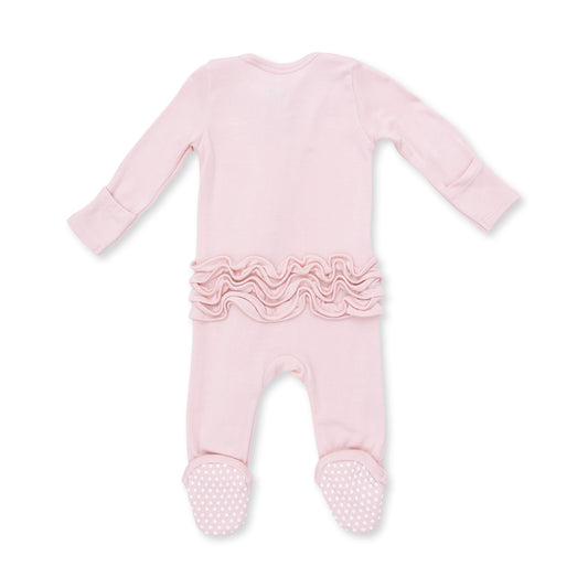 Solid Veiled Pink Rib - 2 Way Ruffle Back Zipper Footie