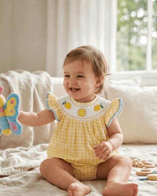 Yellow Gingham Lemon Smocked Flutter Romper