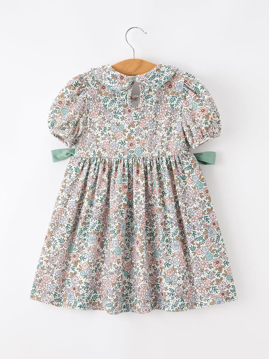 Sage Green Bow Floral Smocked Girl Dress