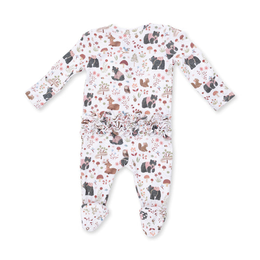 Southern Woodland Animals Pink - 2 Way Ruffle Back Zipper Footie
