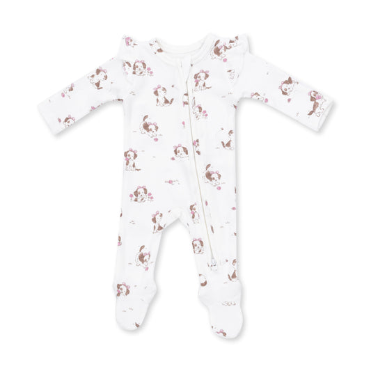 Explorer Puppy Pink - 2 Way Ruffle Sleeve Zipper Footie
