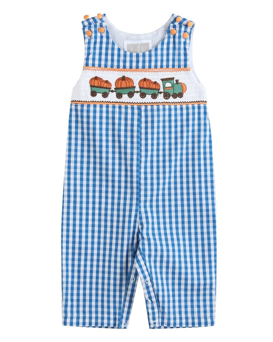Blue Gingham Pumpkin Train Smocked Longalls
