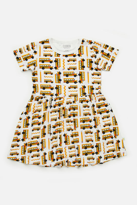 Stretchy Short Sleeve Twirl Dress - School Buses