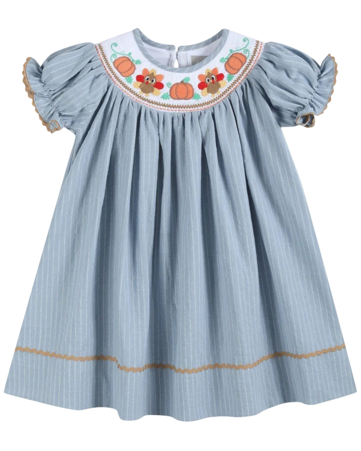 Light Blue Pinstripe Turkey Smocked Bishop Dress