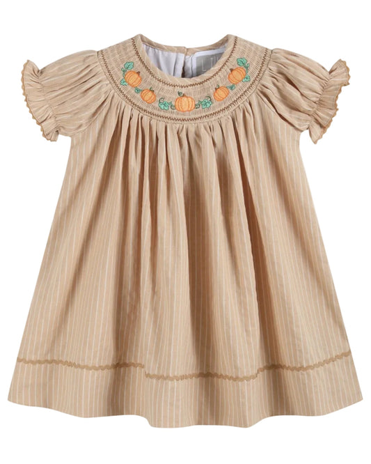 Light Brown Pinstripe Pumpkin Smocked Bishop Dress