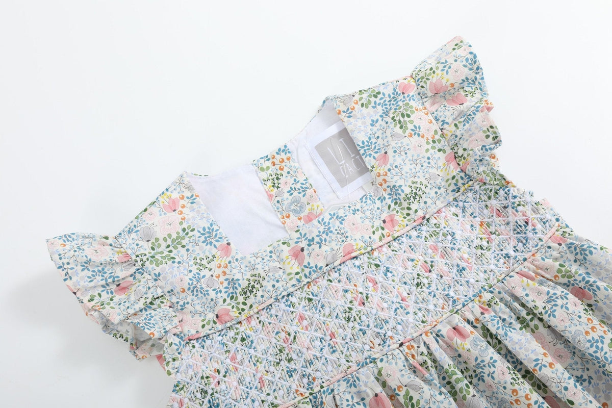 Pink Floral Print Smocked Flutter Dress