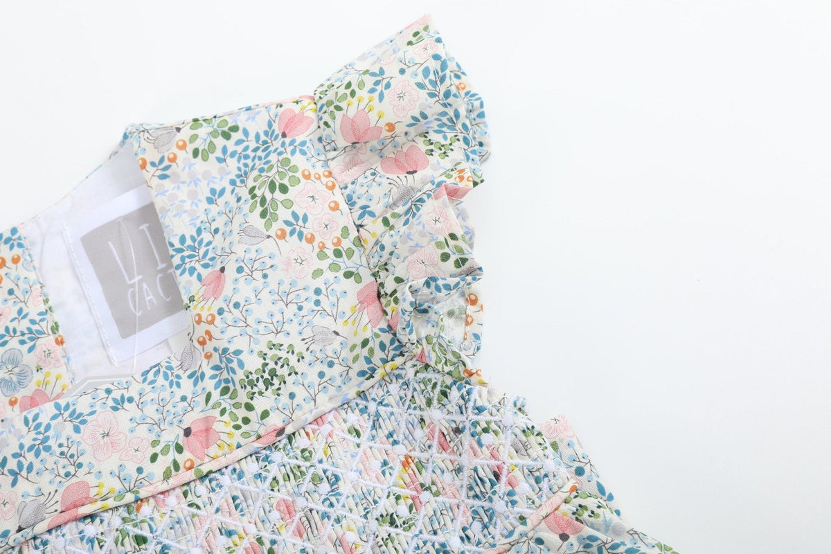 Pink Floral Print Smocked Flutter Dress