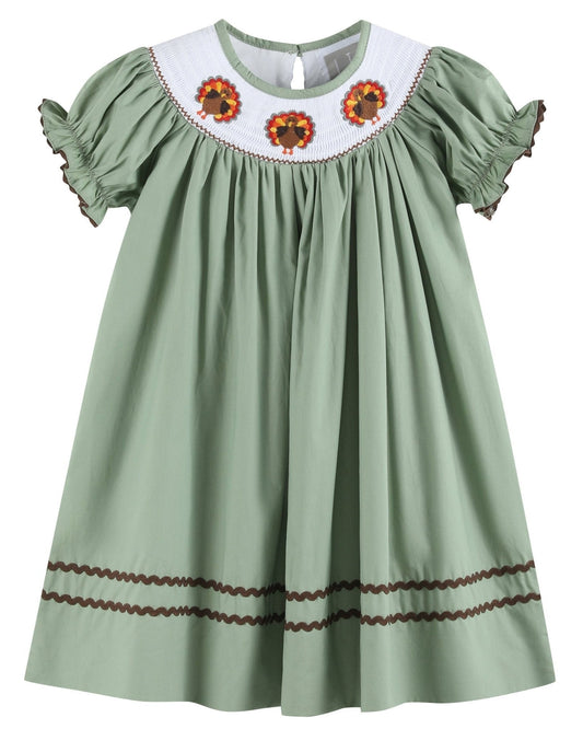 Sage Green Turkey Smocked Bishop Dress